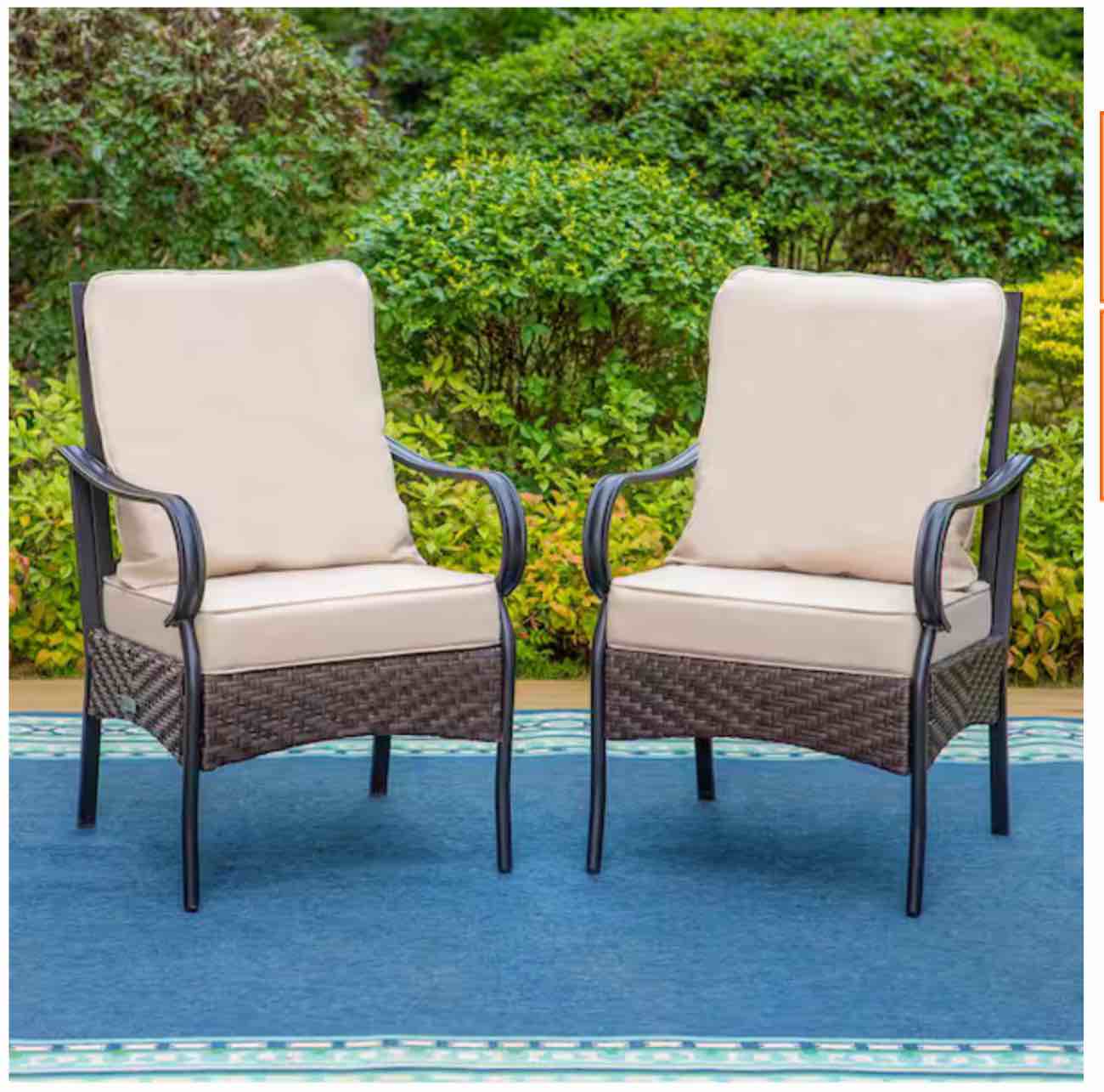 Black Metal Frame Outdoor Dining Chair with Beige Cushions (2-Pack)