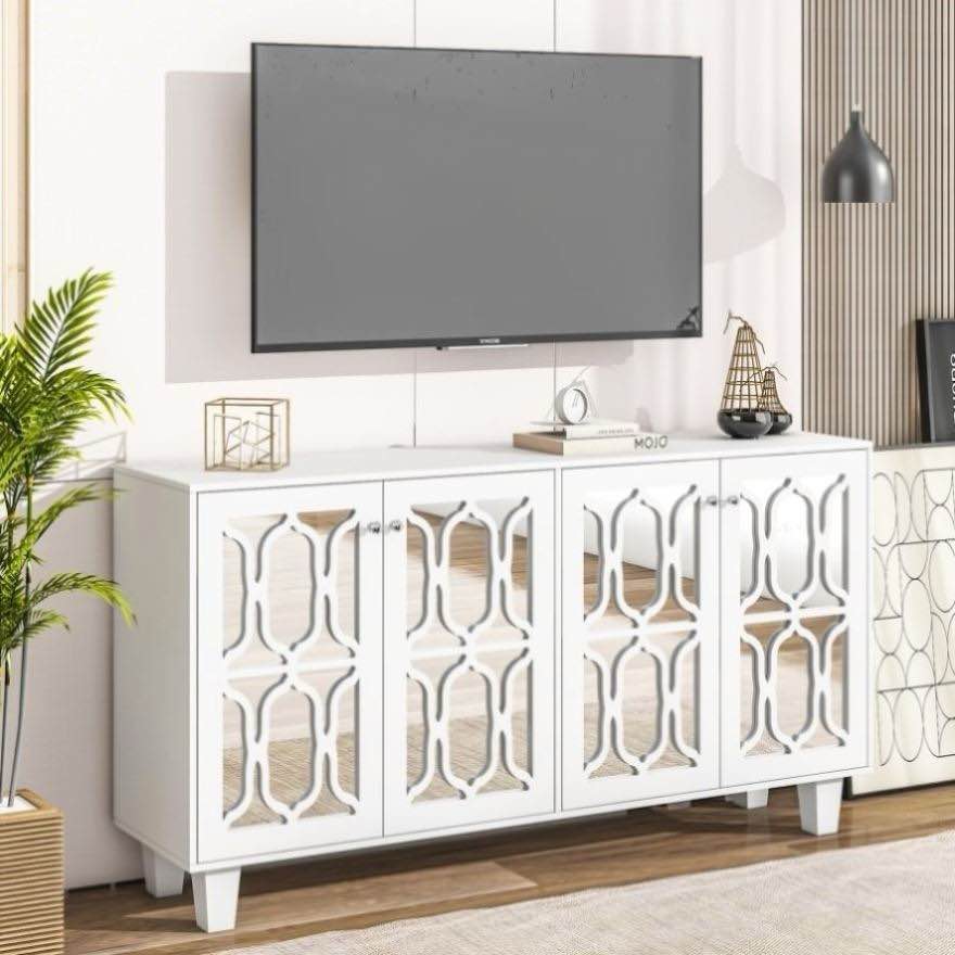 ZNTS ON-TREND Buffet Cabinet with Adjustable Shelves, 4-Door Mirror Hollow-Carved TV stand for TVs Up to WF314484AAK