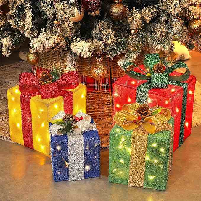 Set Of 4 Christmas Lighted Gift Boxes Decorations, Pre-Lit Tinsel Present Box With Bowknot(Red Green Yellow Blue), Light Up Xmas Tree Skirt Ornament, Indoor Outdoor Plug In For Home Holiday Party