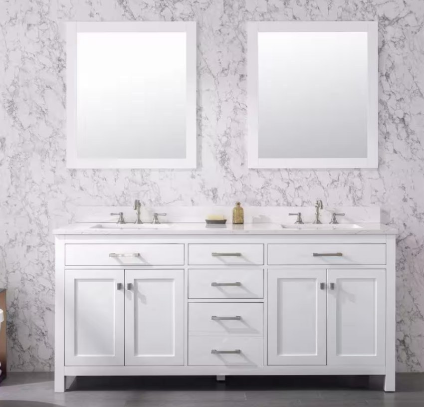 Jasper 72 in. W x 22 in. D Bath Vanity in White with Engineered Stone Vanity Top in Carrara White with White Sink