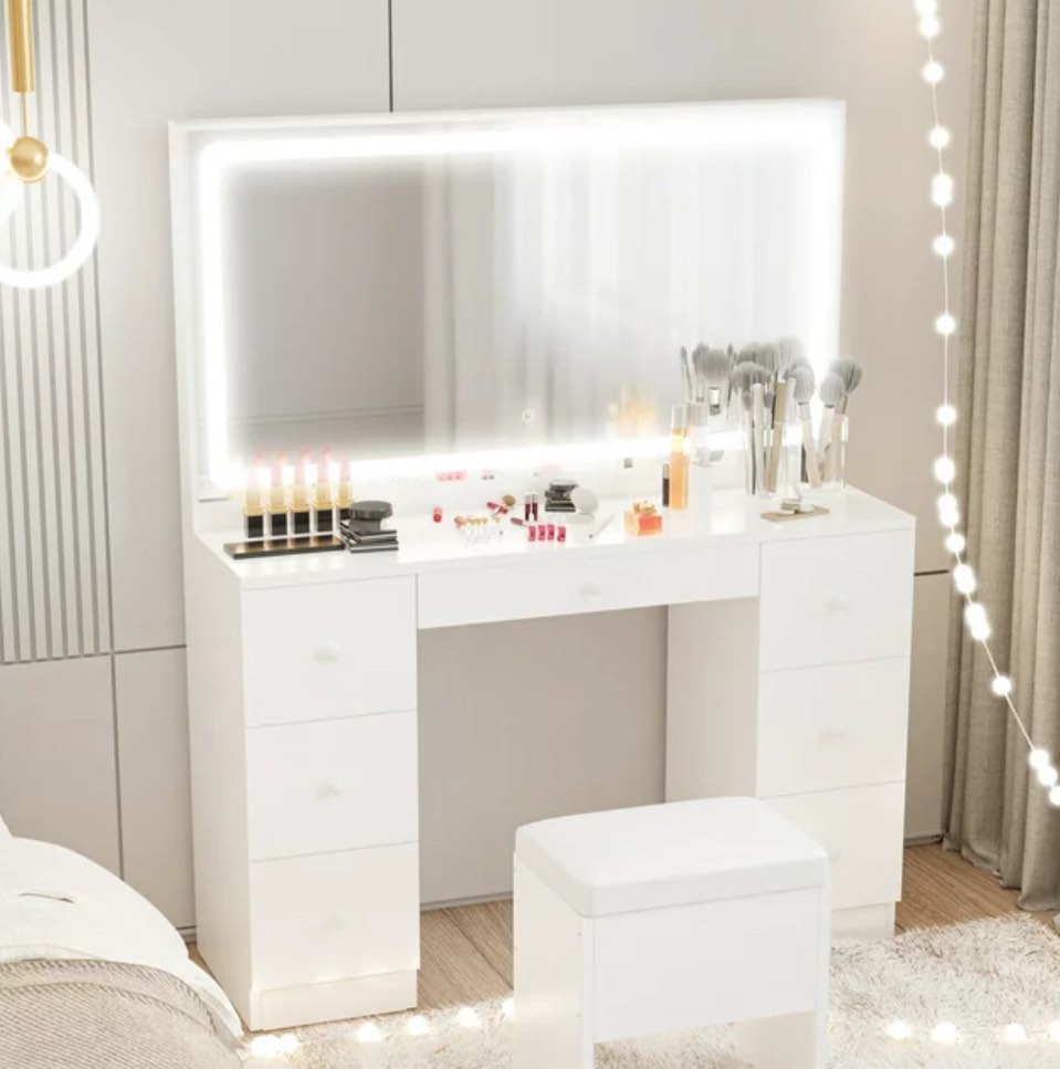 IRONCK Vanity Desk Set with LED Lighted Mirror & Power Outlet, 7 Drawers Makeup Vanities Dressing Table with Stool, for Bedroom, White