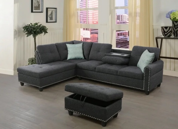 Devion Furniture Polyester Fabric Sectional Sofa with Ottoman-Dark Gray (incomplete) chaise only 