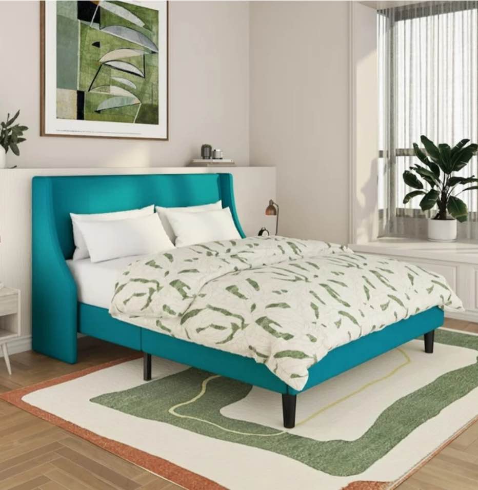 SHA CERLIN Queen Upholstered Platform Bed Frame with Wingback Headboard, Blue, Adults