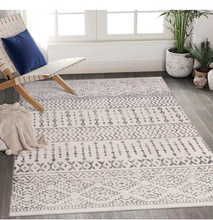 Art&Tuft 8x10 Area Rug, Super Soft Ultra-Thin Moroccan Washable, Anti-Slip Backing Rugs for Living Room, Foldable Geometric Machine Washable (8'x10', Ivory)