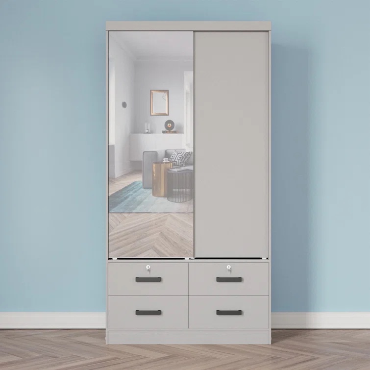 Zhoro Sliding Doors Wardrobe, 4 Drawers, Mirrored Door (incomplete)