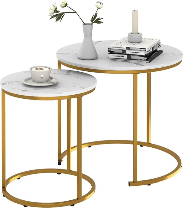 Garden 4 you White Marble Nesting Coffee Table for Small Place 24 in 2 Sets High Side End Sofa Table Nightstand Modern Furniture Living Room Cabin Bed Room Dining Room (White Marble)