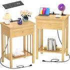 Homykic White Nightstand with Charging Station, Bamboo Nightstands Set of 2 with USB Ports and Outlets, Bedside Table End Table Side Table with Drawer and Storage Shelf for Bedroom, Easy to Assemble