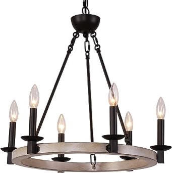 Q&S Farmhouse Wagon Wheel Chandelier,Oak White 6 Lights Rustic Vintage Round Pendant Light Fixtures for Dining Room Kitchen Island Foyer Entryway UL Listed