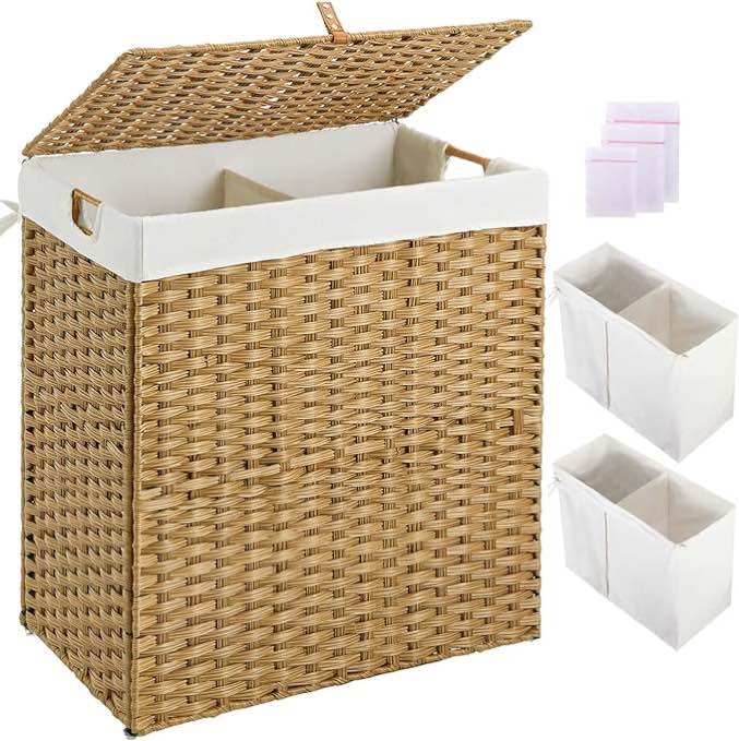 Greenstell Laundry Hamper with 2 Removable Liner Bags, Divided Clothes Hamper, 110L Handwoven Synthetic Rattan Laundry Basket with Lid and Handles, Foldable & Easy to Install Natural (22x12x24 Inches)
