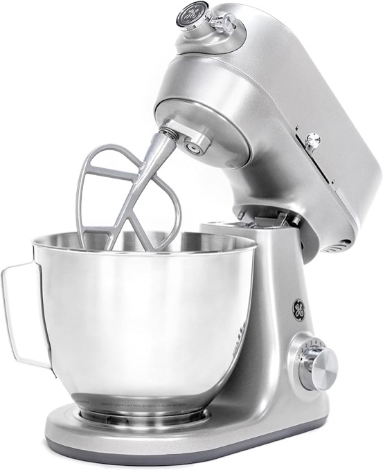 GE Tilt-Head Electric Stand Mixer | 7-Speed, 350-Watt Motor | Includes 5.3-Quart Bowl, Flat Beater, Dough Hook, Wire Whisk & Pouring Shield | Countertop Kitchen Essentials | Granite Gray