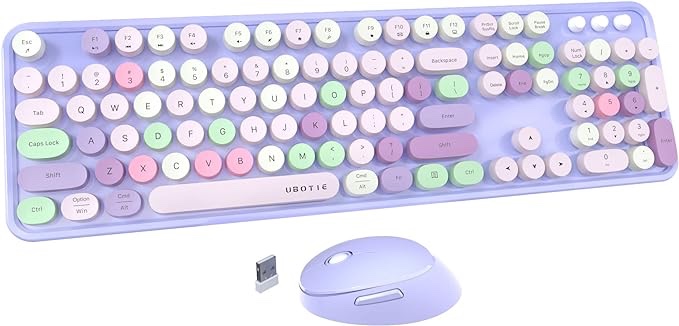 (Color Similar)UBOTIE Colorful Computer Wireless Keyboard Mouse Combos, Typewriter Flexible Keys Office Full-Sized Keyboard, 2.4GHz Dropout-Free Connection and Optical Mouse (Black-Colorful)