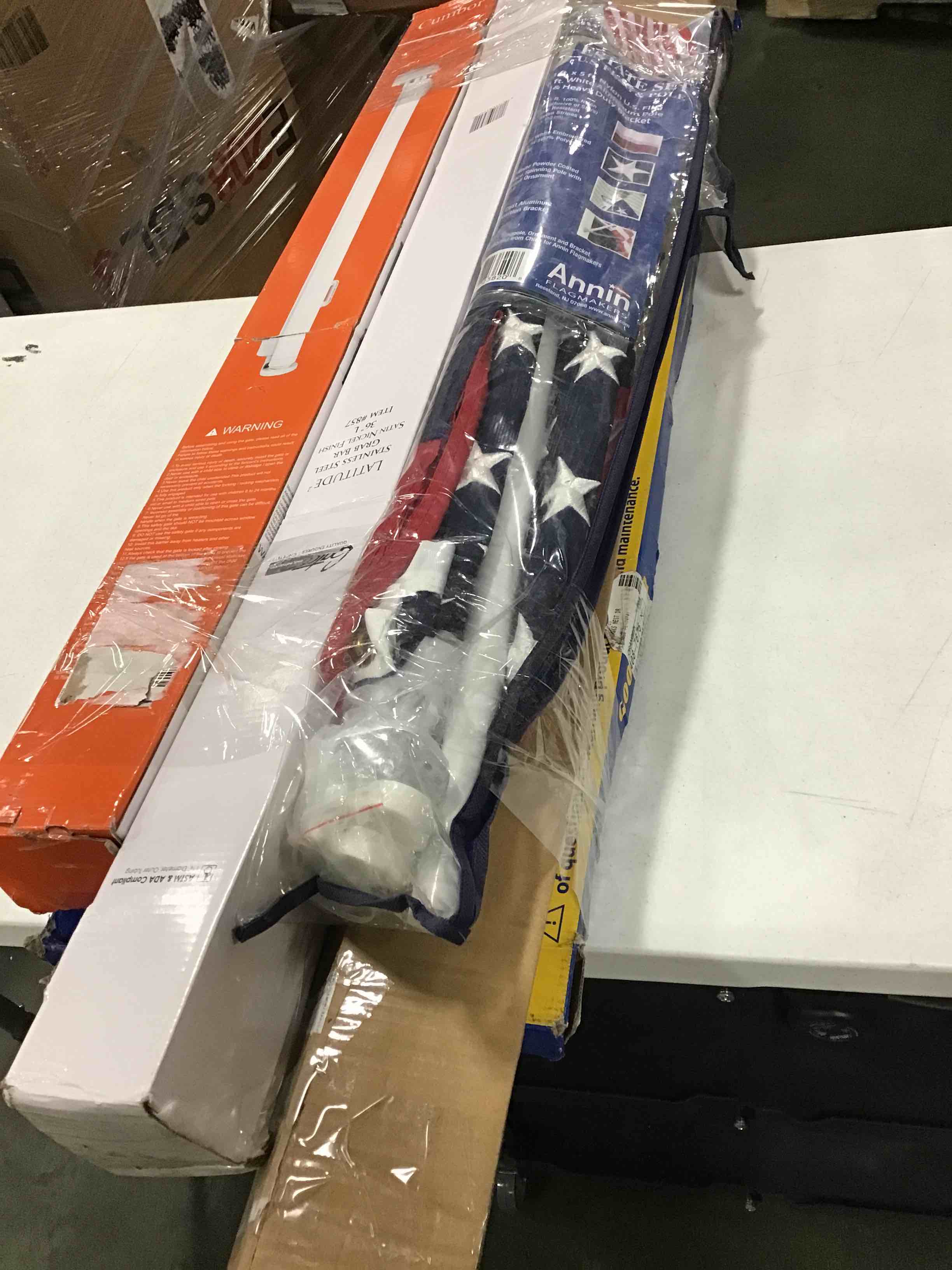 assortment item include curtain rod/ retractable gate / estate set flag & pole and more 5 pack 