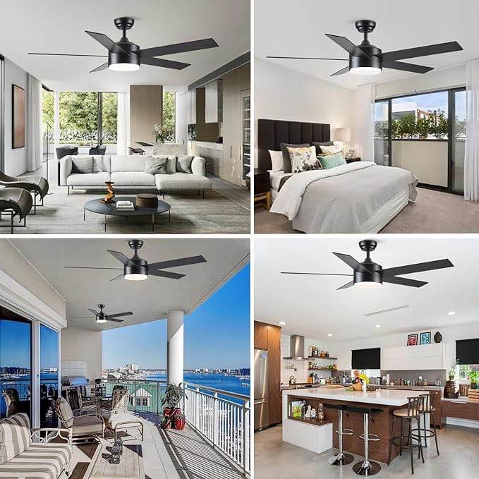 Ceiling Fans with Lights and Remote, 52 inch black  Ceiling Fan with Light, LED, 5 Blades Wooden, Reversible, Modern Ceiling Fan with Lights for Bedroom, Living Room, Patios (indoor or covered outdoor)