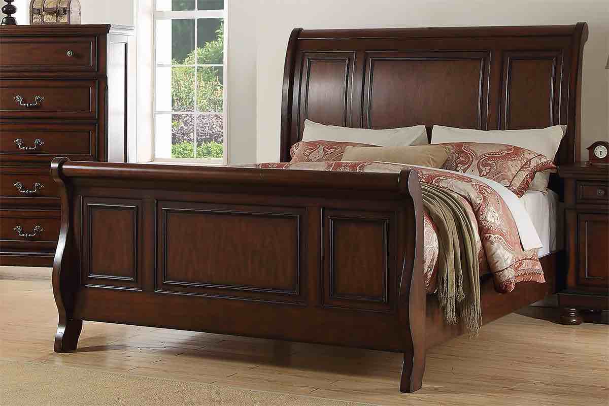 (incomplete) F9289Q Queen Bed  Details  Dimensions HB 57"H / FB 33"H Material Pine +MDF+ Cherry Veneer Weight 161.00 lbs Volume 23.60 cu ft. Units/case 1 No. of boxes 4 Product Boxes Box 1	  0.00"(W) x 0.00"(D) x 0.00"(H)	      0.00 (lbs) Box 2	  36.00"(W) x 6