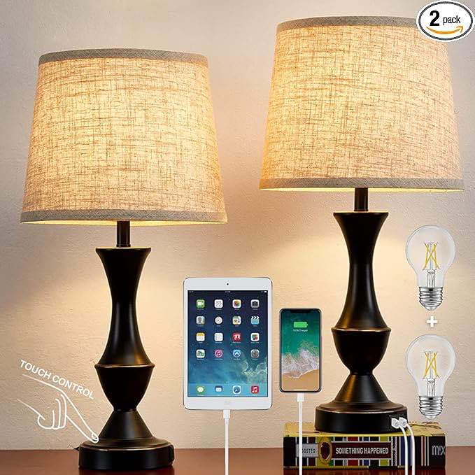 Luvkczc Table Lamps for Bedrooms Set of 2, Touch Bedside Lamps with USB Charging Ports, 3-Way Dimmable Nightstand Lamp with Premium Linen Fabric Lampshade for Bedroom, Living Room, Bulbs Included