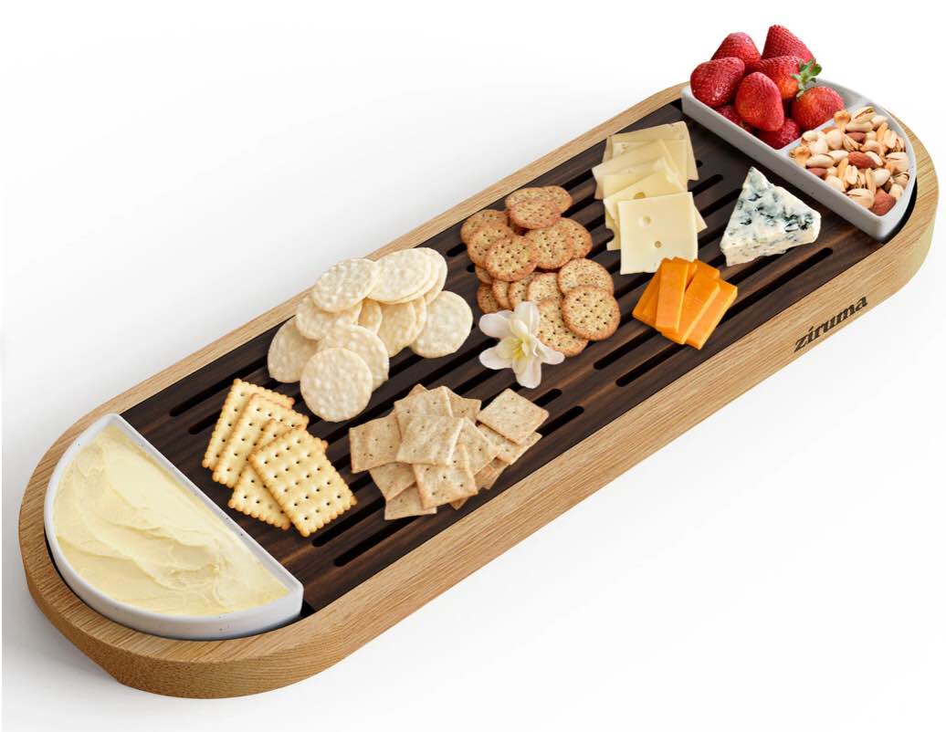 Bread Cutting Board and Serving Tray. Set of Walnut Board, Stoneware Dipping Bowls, and White Oak Serving Platter Ideal as a Crumb Catcher.