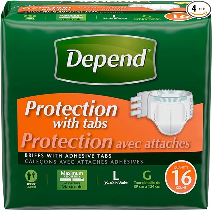 Depend Fitted Briefs, Size Large (35-49" Waist),Case of 64