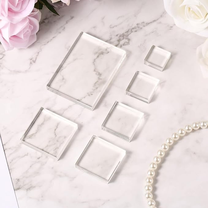 6 Pcs Acrylic Blocks Clear Stamp Block Tools Acrylic Display Jewelry Stands Acrylic Pedestal Blocks Ring Showcase Holder Base Flat Lay Photography Props Wedding for Scrapbooking Crafts (Square, Round)