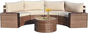 (SIMILAR ITEM) (BOX 4 OF 4) ECOTOUGE 7 Piece Outdoor Half Moon Furniture Set, Patio Curved Wicker Sectional Conversation Set with 2 Storage Armrests and Glass Coffee Table, Garden Balcony and Backyard (Beige)