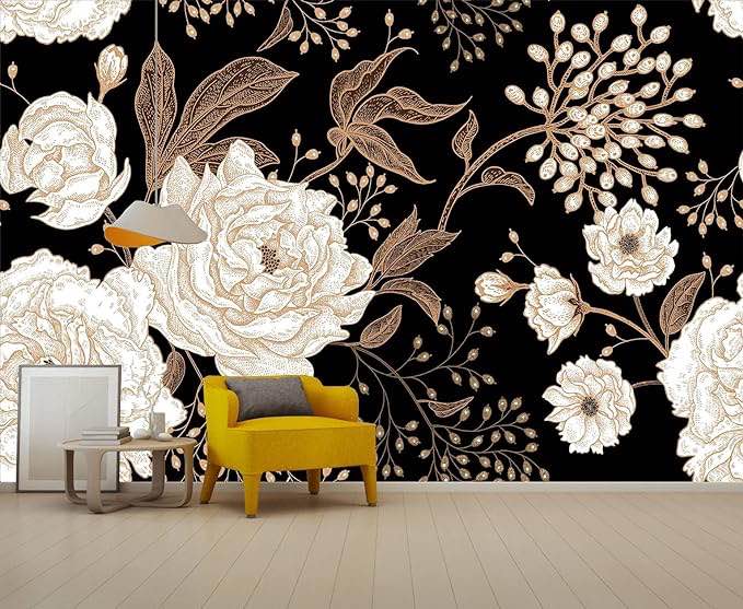 Reyhui Wall Mural Peonies and Roses Floral Vintage Wallpaper Seamless Gold White Flowers Wall Coverings for Living Room Bedroom Kids Room