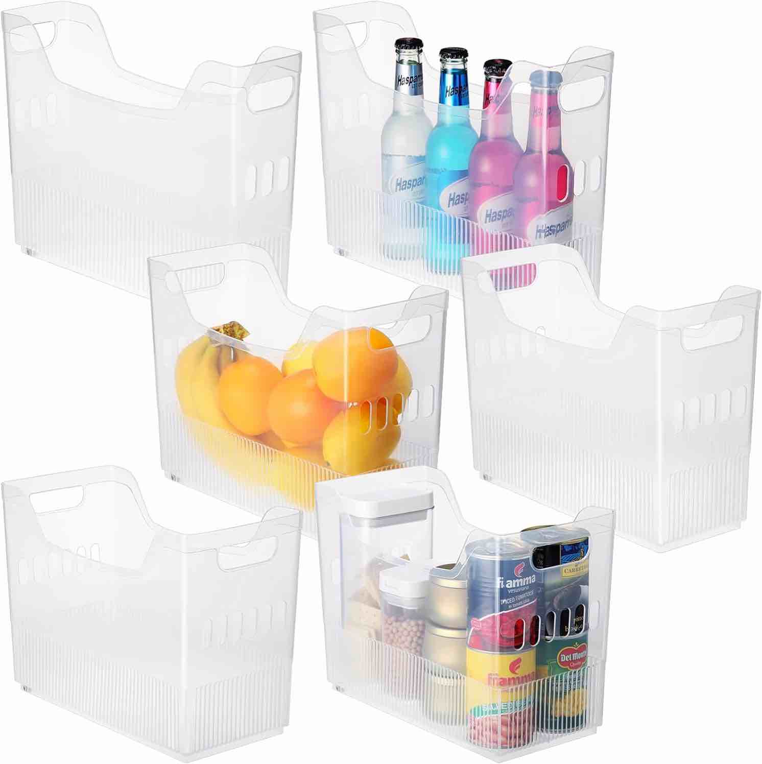 6 Pcs Freezer Organizer Bins Clear Plastic Pantry Organizer and Storage 3 Size Tall Narrow Kitchen Organization with Wheel Freezer Organization Rolling Bins Storage with Wheel (Small)