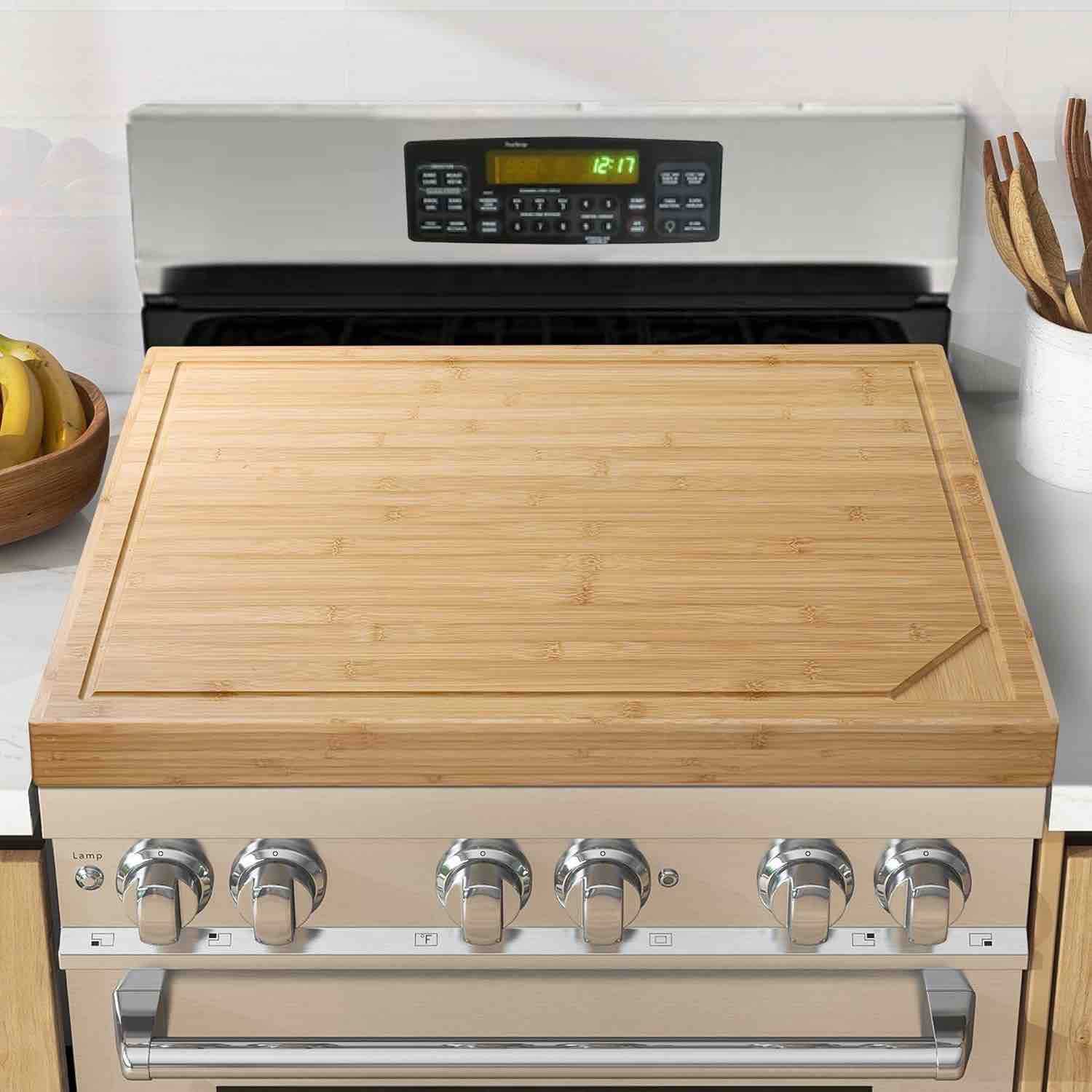 Bamboo Stove Top Cover and Cutting Board for Electric and Gas Stoves, 30" x 22" with Legs and Juice Grooves