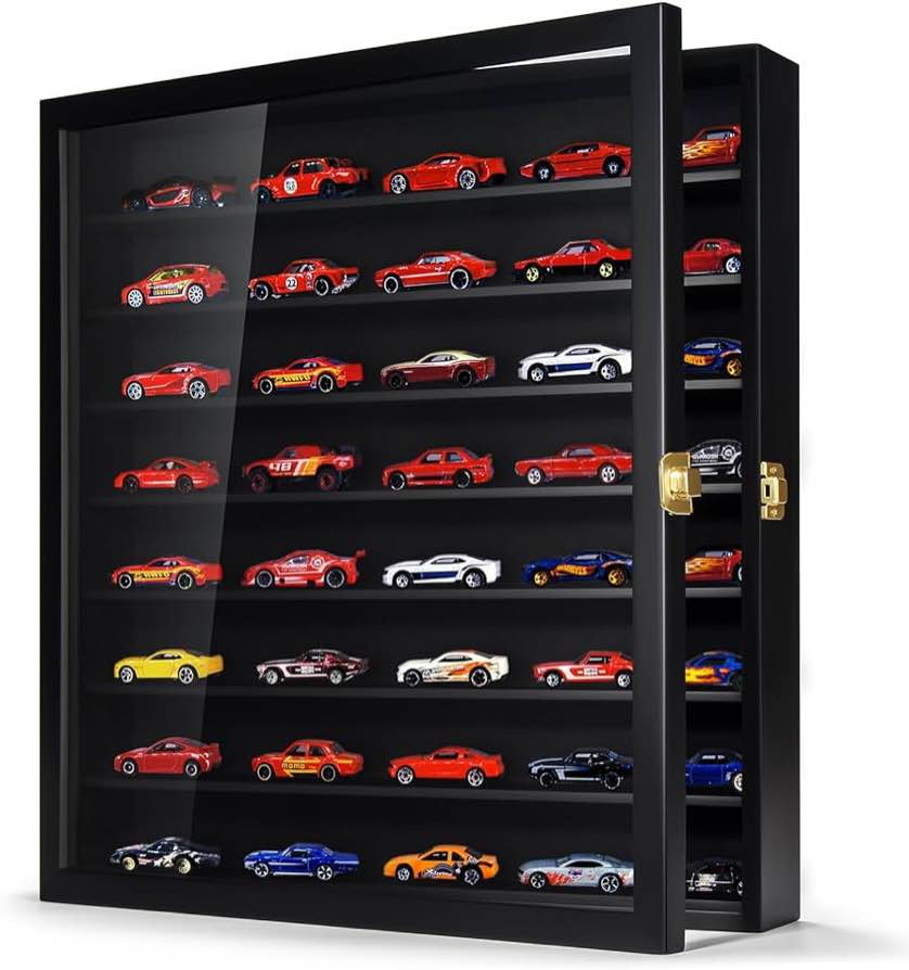 TJ.MOREE Model Car Display Case 1/64 Scale Diecast Wall-Mounted for Mini Toys and Small Wheels, Black