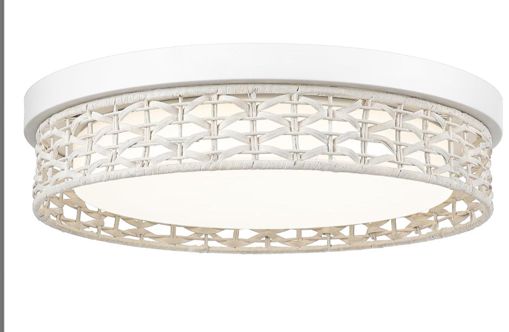 Boho Light Fixtures Ceiling 32W LED, HWH 16'' Rattan Flush Mount Ceiling Light, White Handwoven Wicker Light Fixtures Ceiling Mount 3000K/3500K/4000K/5100K/6500K 32W, 5HJF87MF-LED WH