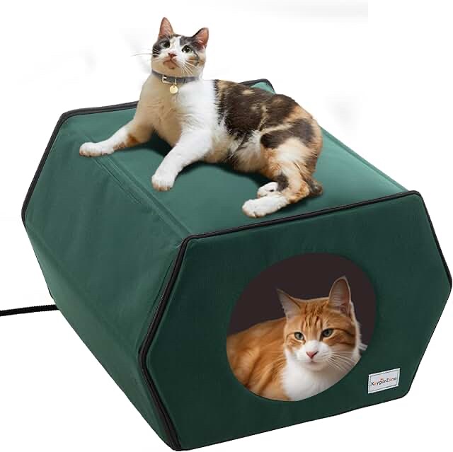 Heated Cat Houses for Indoor/Outdoor Cats, Best Gift for CAT Lovers, 9.8ft Bite-Resistant Wire, 2 Clear Doors & Foldable Portable House Weatherproof with Removable Heated Pad, Large Capacity, Green