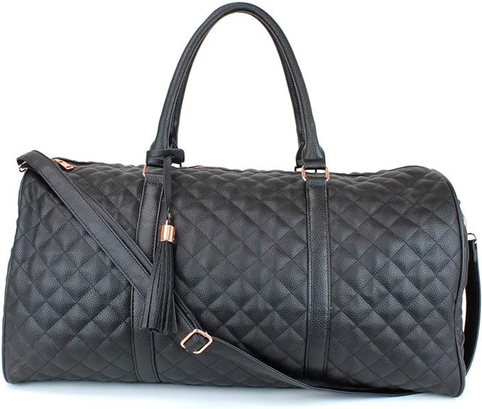 Bolsa de viaje de cuero para mujer con herrajes de oro rosa, tamaño grande de 22 pulgadas, bonito forro interior de satén, Bolso acolchado negro