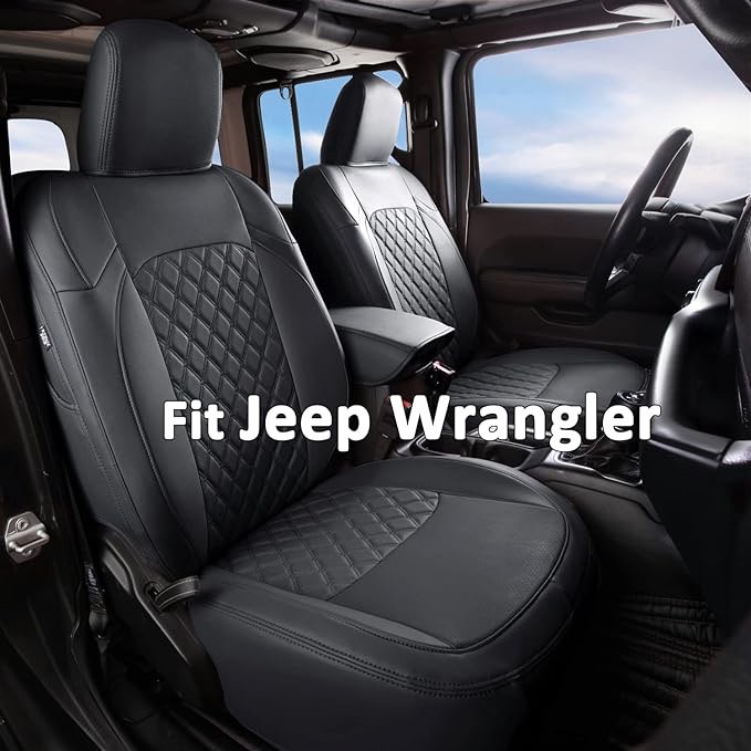 Aierxuan Jeep Wrangler JK JL 4-Door Seat Covers Full Set Custom Fit 2007-2024 Unlimited X Rubicon 392 Sahara Willys Sport High Altitude 4X4 Truck Pickup Waterproof Leather (Full Set/Black-W) Full Set/BLACK-White