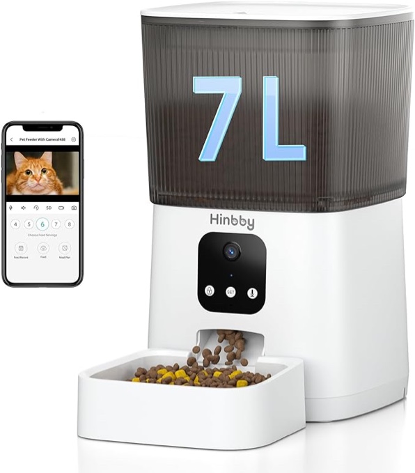 Hinbby Automatic Cat Feeder with 1080P Camera, 7L WiFi Cat Food Dispenser with Remote App Control, Voice & Video Record, Dual Power Supply, Automatic Dog Feeder Auto Pet Dry Food Feeders for Cats