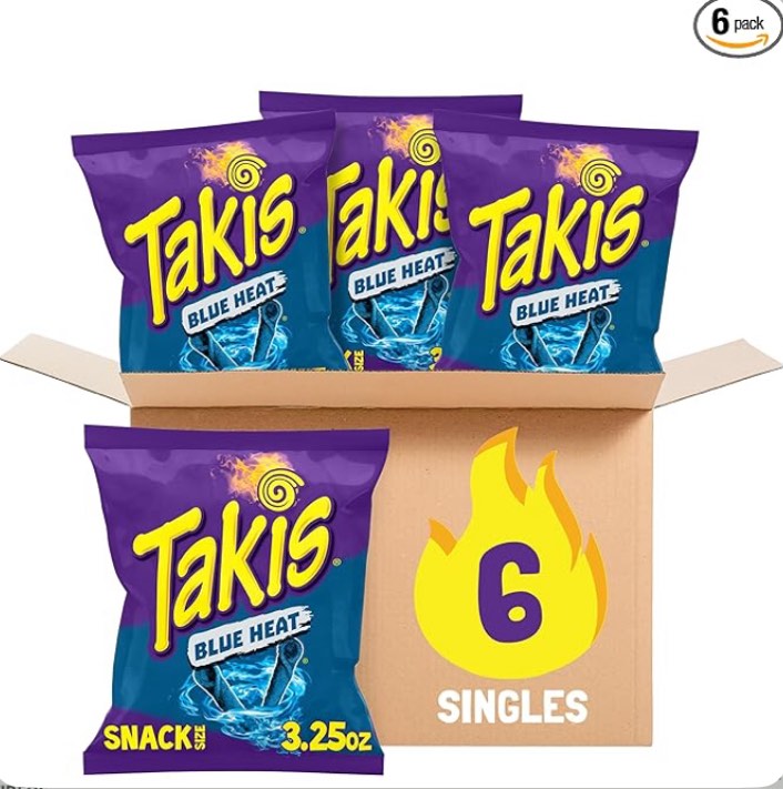 Takis Blue Heat 6 pc / 3.25 oz Snack Size Case, Hot Chili Pepper Flavored Extreme Spicy Rolled Tortilla Chips