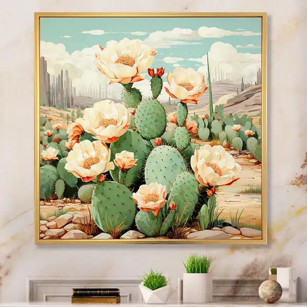 Designart "Coral Green Cactus Desert Blooms Pointillism IV" Floral Framed Wall Decor