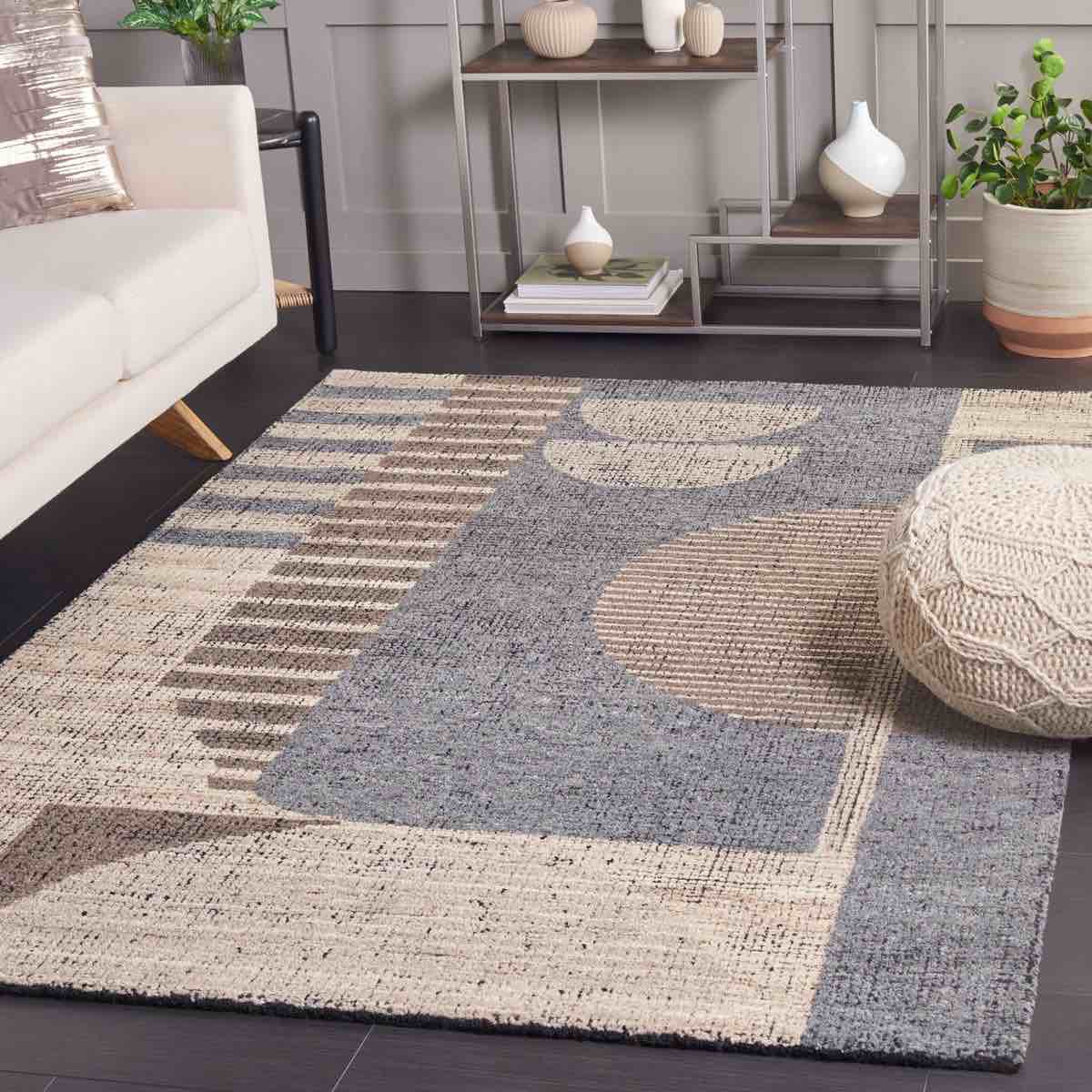 Collection Area Rug - 6' x 9', Beige & Grey, Handmade Mid-Century Modern Abstract New Zealand Wool, Ideal for High Traffic Areas in Living Room, Bedroom, Dining