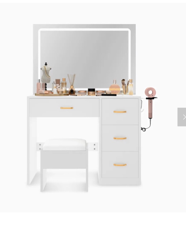 36" Modern Mirror Makeup Vanity with 4 Drawers Charging Station and Light Strip, White & Black