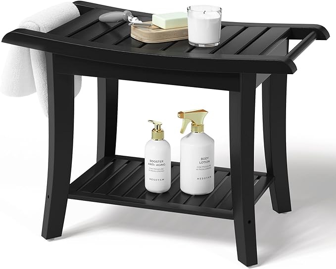 Bamboo Shower Bench Inside Shower Stool with Space-Efficient Storage Shelf, Shower Bath Chairs Spa Seats for Bathroom - Great for All Ages Unisex Elderly (Waterproof, Black)
