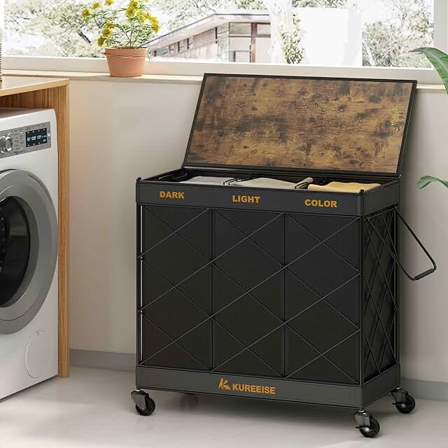 KUREEISE Laundry Hamper with Wheels, 34.9 Gal (132L) Laundry Basket with 3 Removable Liner Bags, 3 Sections Clothes Hamper with Lid and Handle, Collapsible Metal Wire Laundry Sorter for Bedroom?Black?