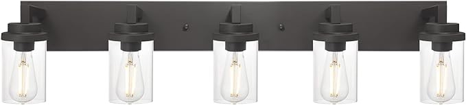 5-Light Vanity Light Fixture, Farmhouse Bathroom Wall Lights Oil Rubbed Bronze with Clear Glass Shade, Vintage Metal Indoor Wall Lamp for Mirror Cabinet Kitchen Bedroom Hallway