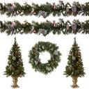 National Tree Company Pre-lit Holiday Christmas 5-Piece Set | Wreath, Set of 2 Entrance Trees and Garlands with White Lights Wreaths