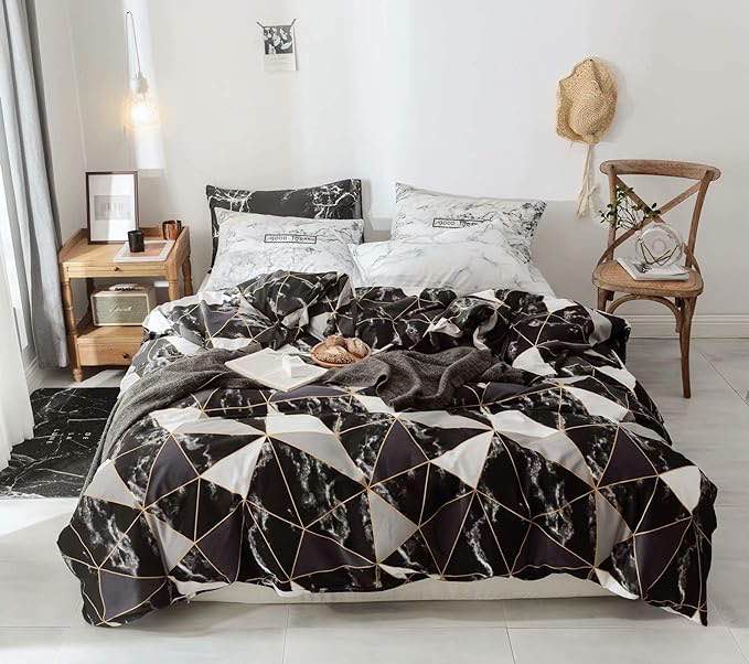 CLOTHKNOW Black Marble Comforter Set King Geometric Plaid Bedding Comforter Set King Mens Boys Bedding Black Grey Triangle Bedding 3Pcs King Comforter Set