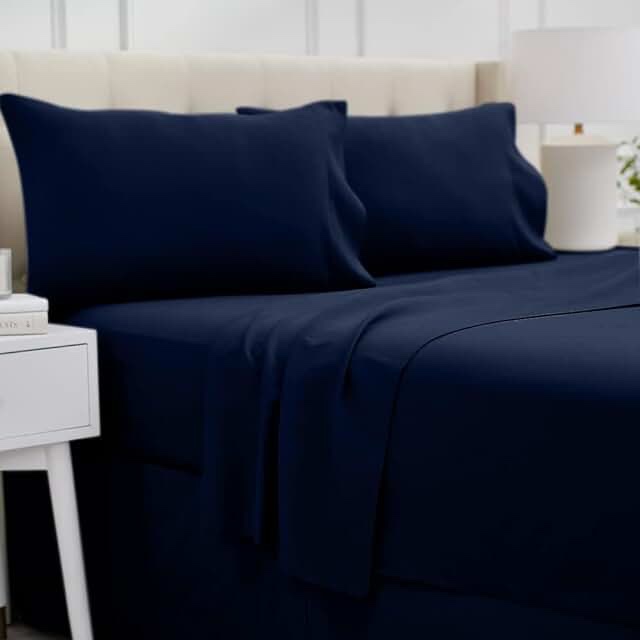 Sonive 4-Piece Bed Sheet Set - 85gsm Double Brushed Soft Microfiber - Deep Pocket 16 inch Wrinkle Free Fade Resistant Easy Care Bedspread Set (Navy, Queen)