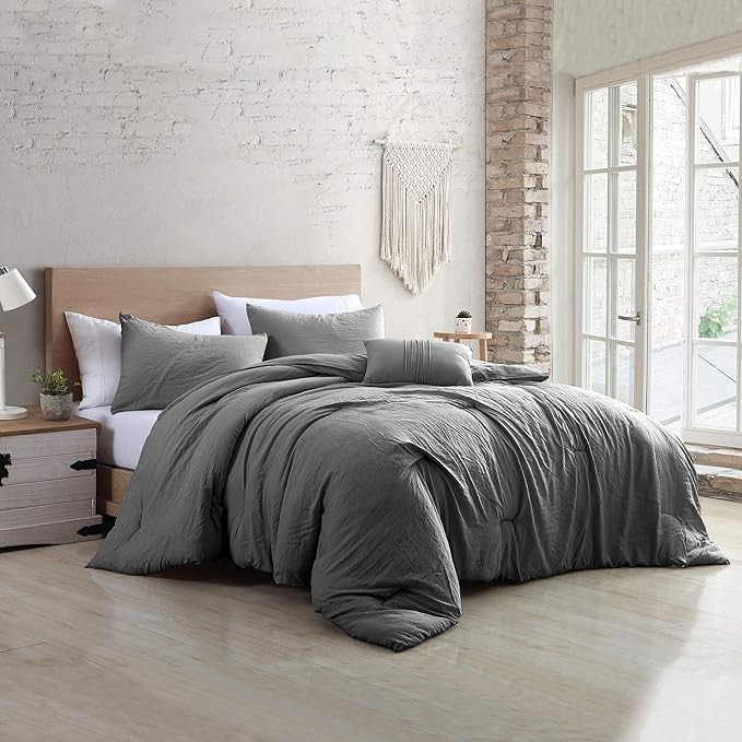 Modern Threads 4-Piece Bria Garment Washed All Season Down Alternative Comforter Set Bedding with Matching Shams, Decorative Pillows, Queen, Grey