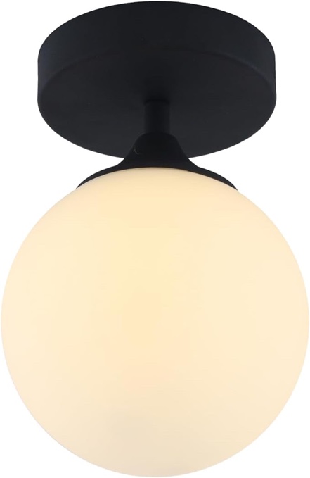 Baiwaiz Modern Globe Ceiling Lighting, Black Metal Mid Century Foyer Hallway Semi Flush Mount Light Fixture with Round White Glass Shade 1-Light E26 156