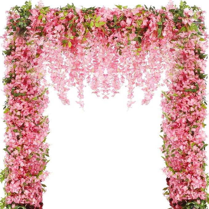 15 Pcs 6.6' Per Piece Fake Silk Wisteria Garland Hanging Artificial Flowers Wisteria Vine Floral Wedding Backdrop Flower Vines Proposal Decorations for Outdoor Garden Birthday Arch (Pink ) 