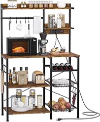 Suntage Kitchen Baker's Rack, Microwave Stand with Storage Cabinet, Coffee Bar Station, Kitchen Shelf Organizer with 4-Tier Shelves, Wine Cup Holders, Kitchen Rack for Spices, Pots, Pans, Rustic Brown