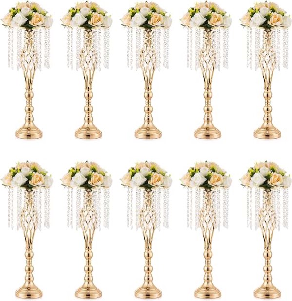 Inweder Wedding Centerpiece Table Decorations - 10 Pcs Gold Vase for Centerpieces with Chandelier Crystals, 21.7in Tall Flower Vase, Wedding Metal Flower Stand for Event, Birthday, Home Decoration