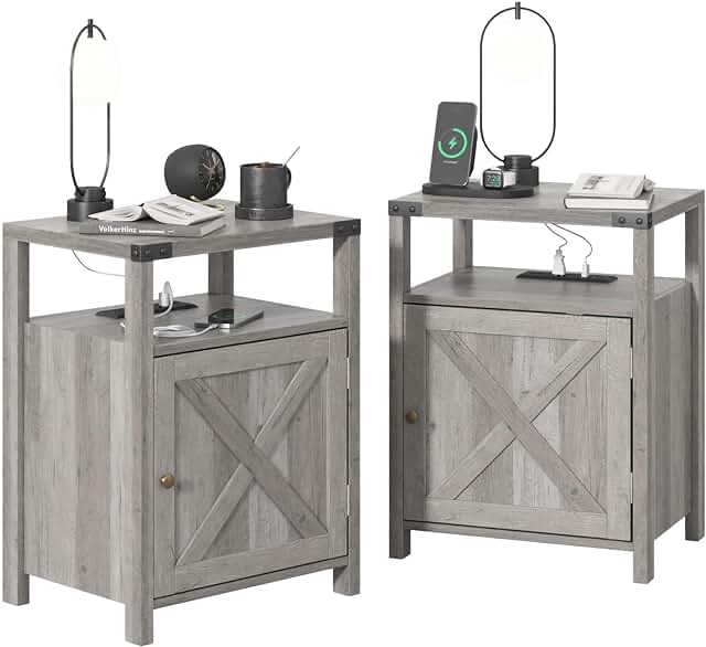 Fameill Nightstands Set of 2, Night Stand with Charging Station, Bed Side Table with Storage Cabinet, Farmhouse End Table for Living Room with USB Ports and Outlets, Gray