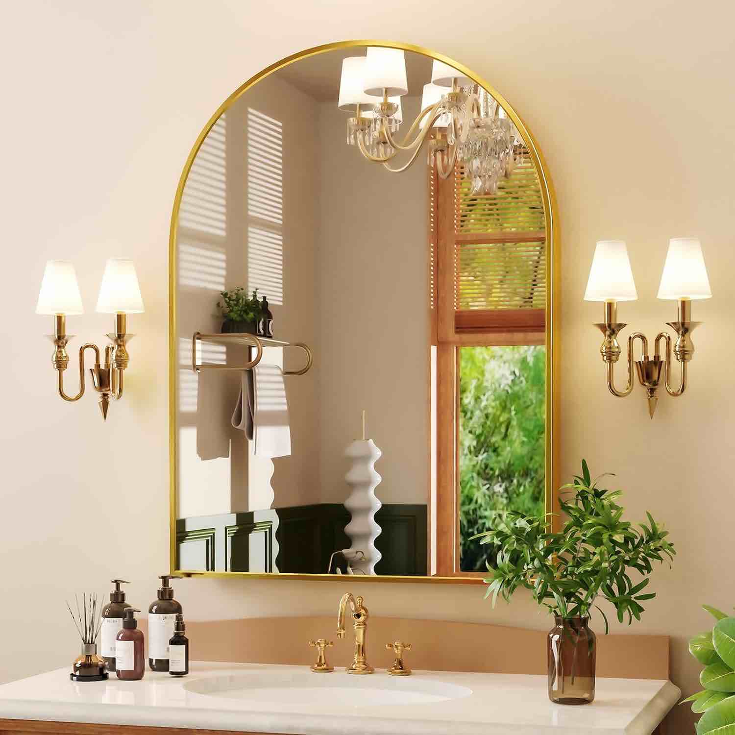Fixelat Gold Arch Mirror 16"x28", Arched Bathroom Mirror, Metal Framed Wall Mirrors for Vanity, Wall Mounted Entryway Mirror, Hallway Mirror Over Sink Above Fireplace Dresser Nightstand