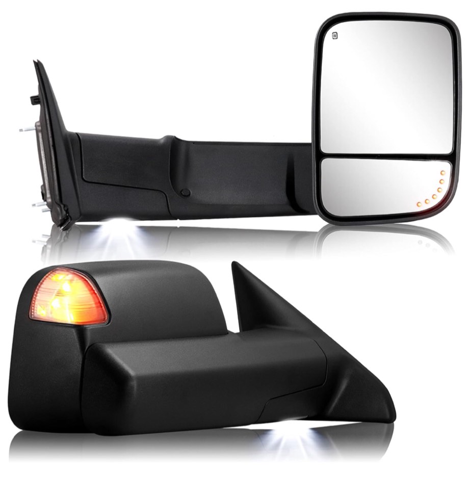 Towing Mirror for Dodge Ram - Replacement fit for 2009-2018 Dodge Ram 1500 2500 3500 Pickup Truck with Power Adjusted Glass Heated LED Turn Signal Light Puddle Lamp Temp Sensor Flip Up Pair Set RAM STYLE Texture